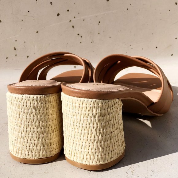 NEW Multi Crisscross Straps Natural Raffia Oval Block Heel Slip On Slide Sandals - Picture 6 of 14
